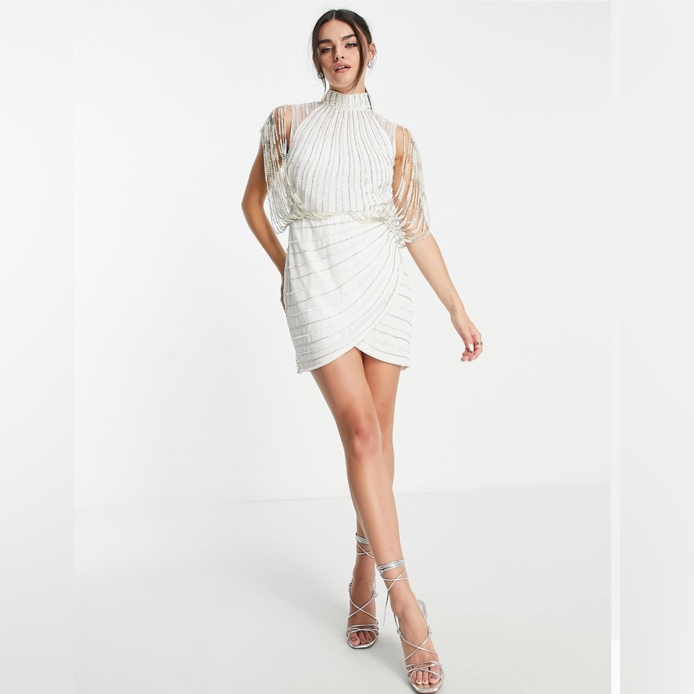 Gorgeous white and pearl, backless, mini dress